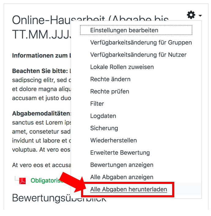 Bildschirmaufnahme der Einstellunger einer Aufgabe zum Herunterladen aller Abgaben